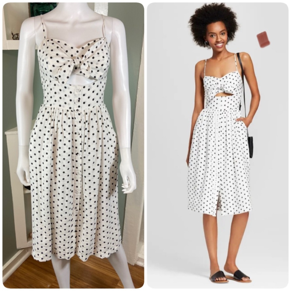 Xhilaration Black White Polka Dot Midi Sun Dress sundress bow cut out small S